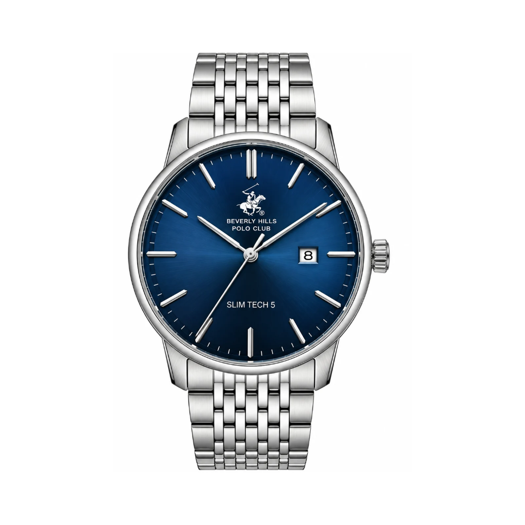 Beverly Hills Polo Club Men's Navy Blue Dial Silver Stainless Steel Quartz Date Watch BP3895X.390