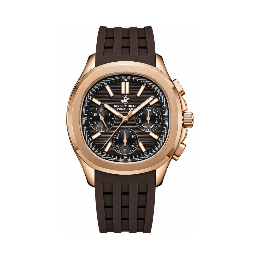Beverly Hills Polo Club Sport Multifunction Men's Brown Dial Rose Gold Rubber Quartz Watch BP3211X.462