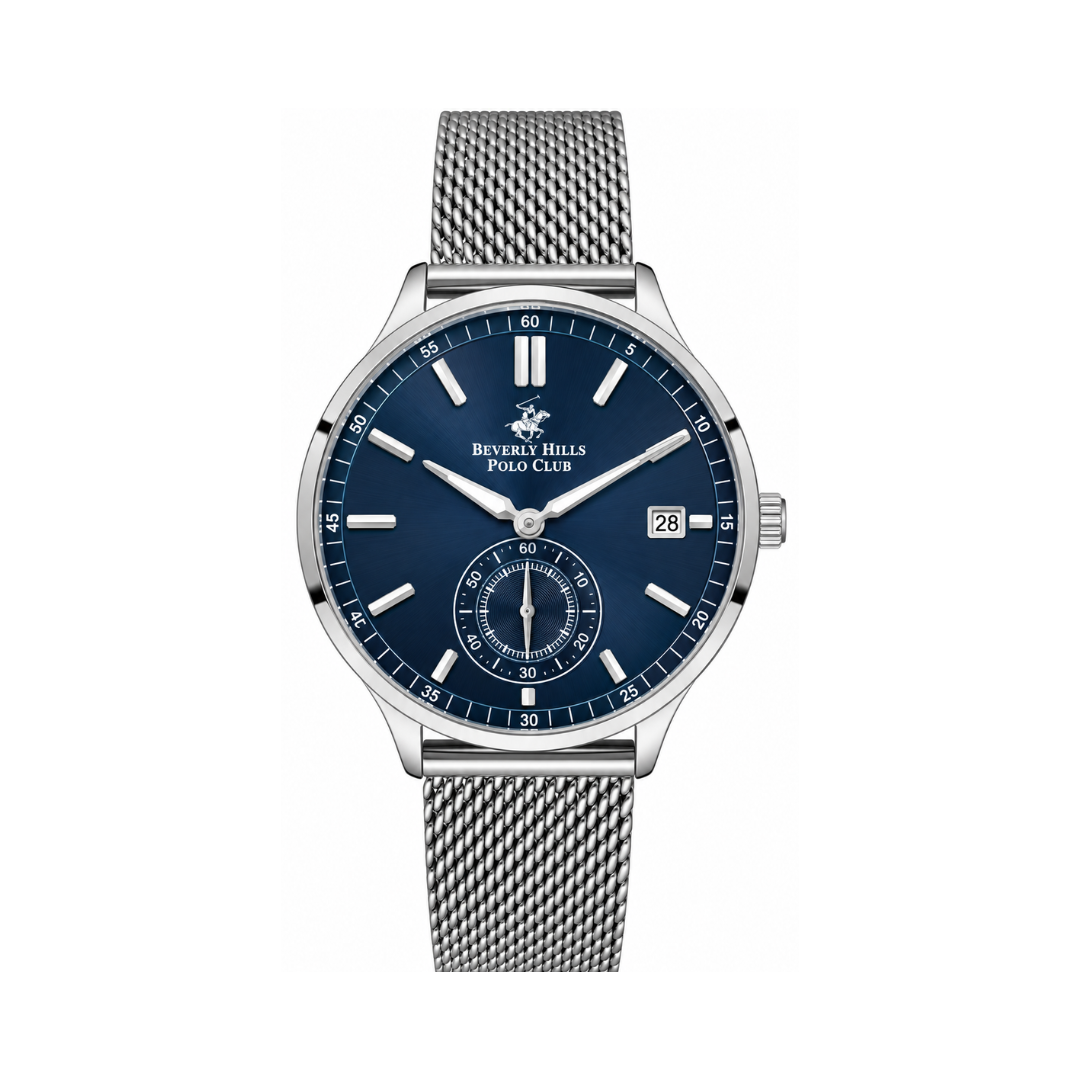 Beverly Hills Polo Club Men's Blue Dial Stainless Steel Mesh Date Watch BP3259X.390