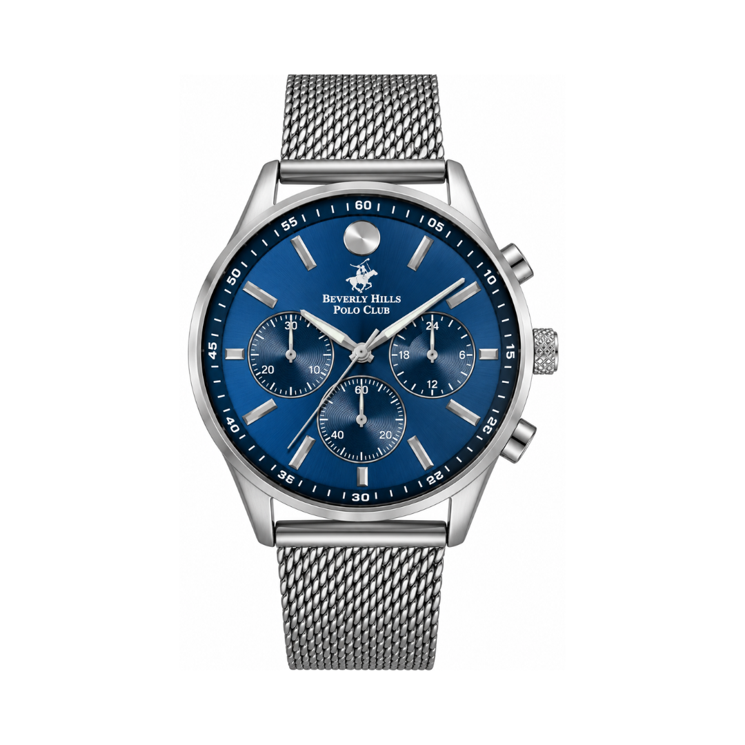 Beverly Hills Polo Club Men's Dark Blue Dial Silver Stainless Steel Mesh Multifunction Watch BP3263X.390