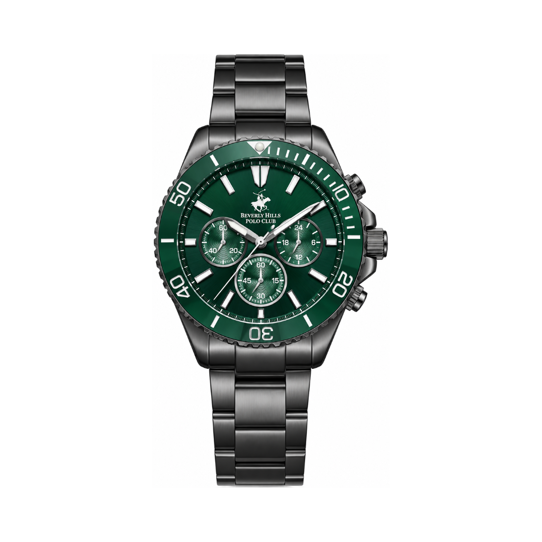 Beverly Hills Polo Club Men's Green Dial Graphite Stainless Steel Multifunction Chronograph Watch BP3721X.070
