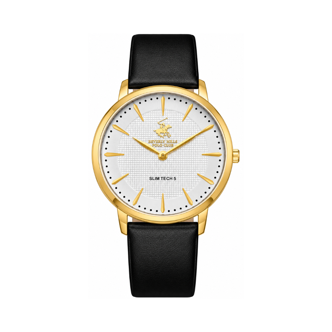 Beverly Hills Polo Club Men's Silver Dial Gold-Tone Case Black Leather Quartz Watch BP3722X.131