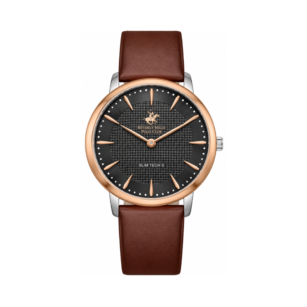 Beverly Hills Polo Club Men's Black Dial Rose Gold Stainless Steel Brown Leather Quartz Watch BP3722X.462