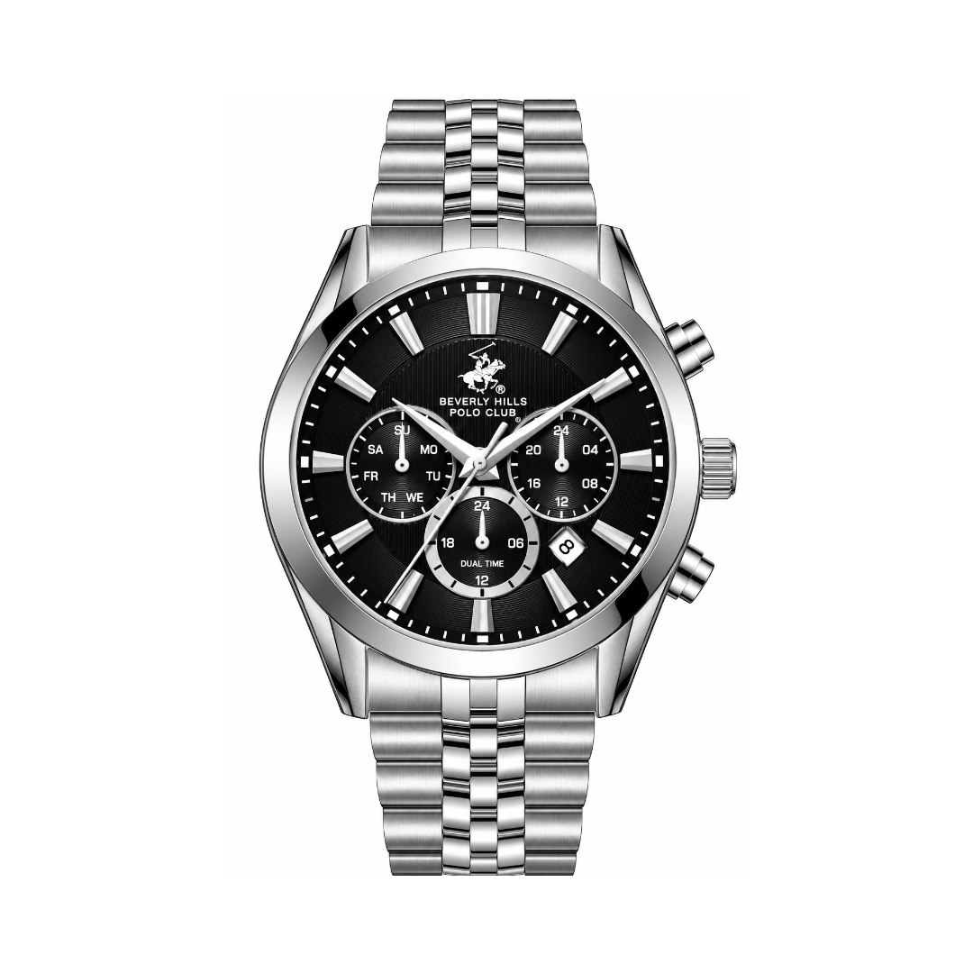 Beverly Hills Polo Club Men's Black Dial Silver Stainless Steel Quartz Multifunction Watch BP3782X.350