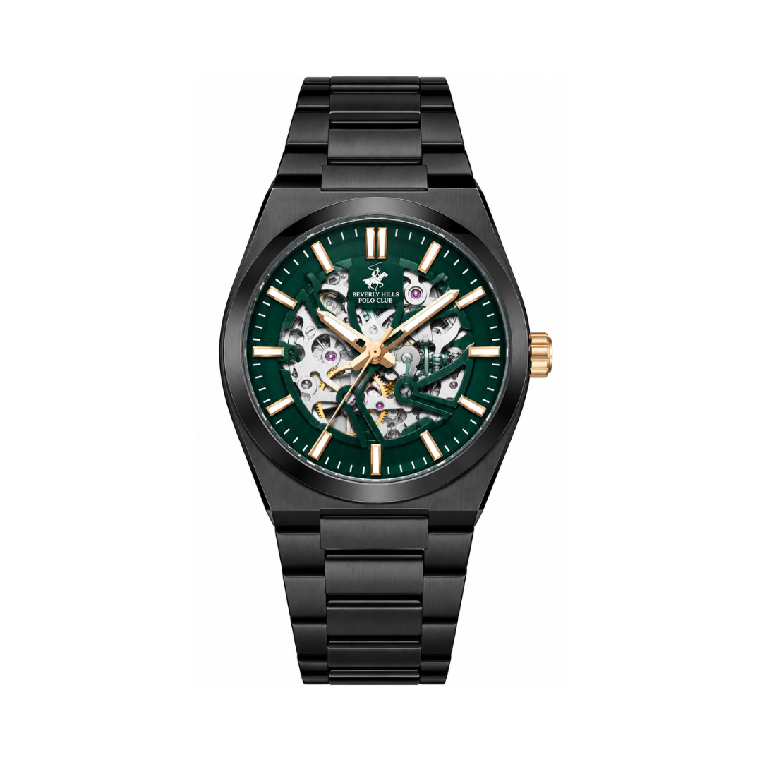 Beverly Hills Polo Club Men's Dark Green Skeleton Dial Black Stainless Steel Automatic Watch BP3731X.070