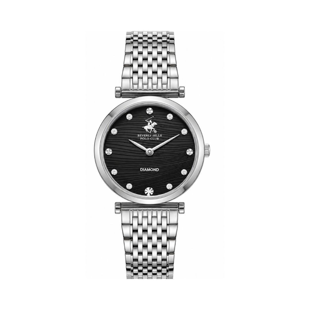 Beverly Hills Polo Club Women's Black Dial Silver Stainless Steel Diamond Quartz Watch BP3737X.350