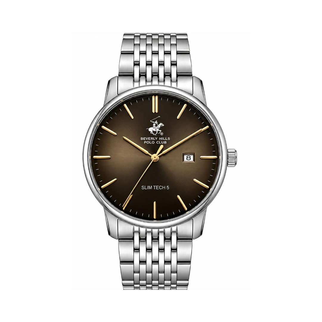 Beverly Hills Polo Club Men's Brown Dial Silver Stainless Steel Quartz Date Watch BP3895X.340