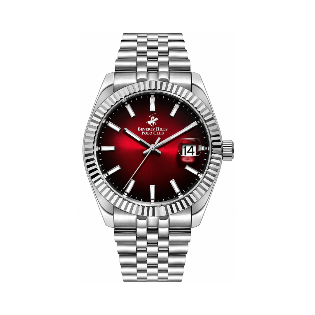 Beverly Hills Polo Club Men's Red Dial Silver Stainless Steel Quartz Date Watch BP3018X.380