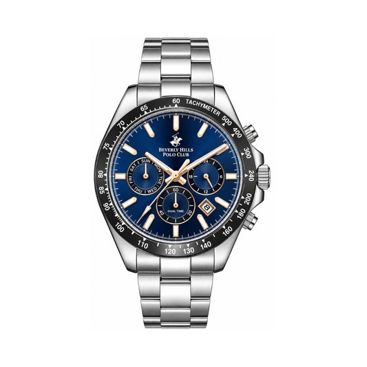 Beverly Hills Polo Club Dual Time Men's Navy Blue Dial Silver Stainless Steel Quartz Multifunction Watch BP3127X.391