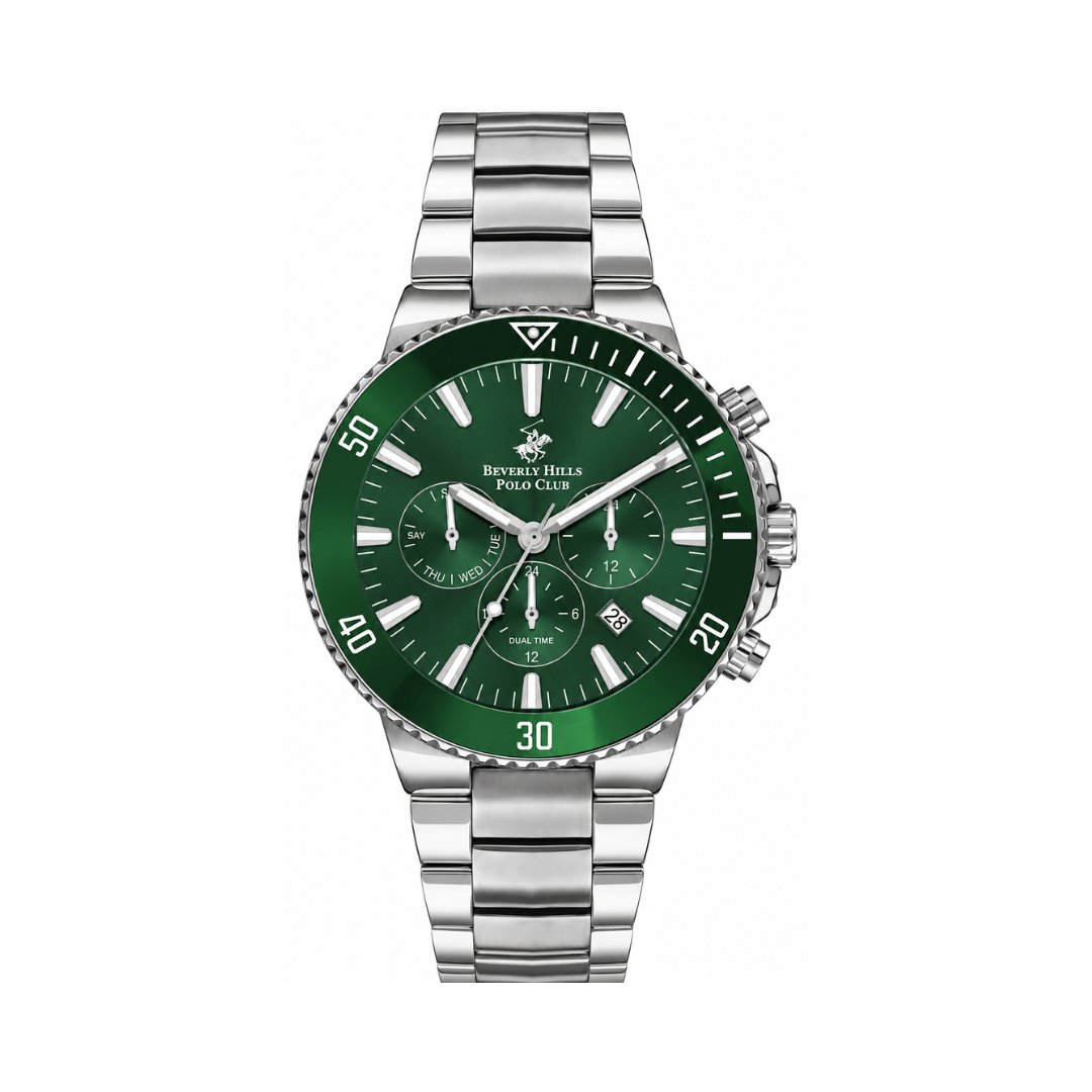 Beverly Hills Polo Club Men's Green Dial Silver Stainless Steel Multifunction Watch BP3247X.370