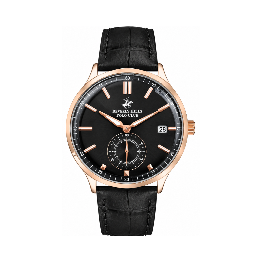 Beverly Hills Polo Club Men's Gun Black Sunray Dial Rose Gold Black Leather Multifunction Watch BP3260X.451