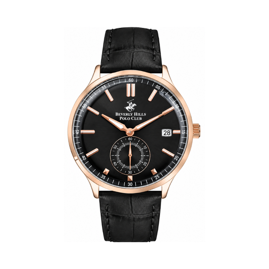 Beverly Hills Polo Club Men's Gun Black Sunray Dial Rose Gold Black Leather Multifunction Watch BP3260X.451