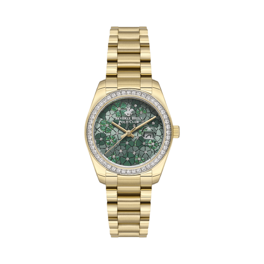 Beverly Hills Polo Club BP3596C.170 Women's Green Floral Dial Gold Stainless Steel Watch
