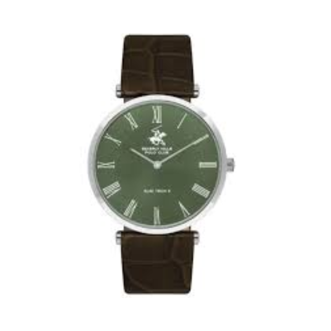 Beverly Hills Polo Club Men's Green Dial Brown Leather Strap Watch BP3615X.372