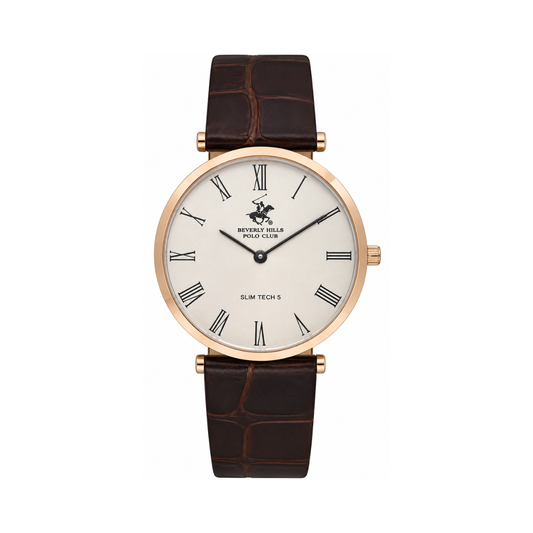 Beverly Hills Polo Club Men's Light Brown Dial Rose Gold Leather Strap Watch BP3615X.432