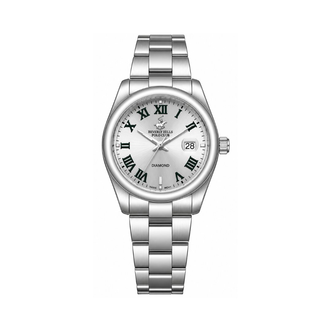 Beverly Hills Polo Club Men's White Dial Silver Stainless Steel Diamond Date Watch BP3664X.330