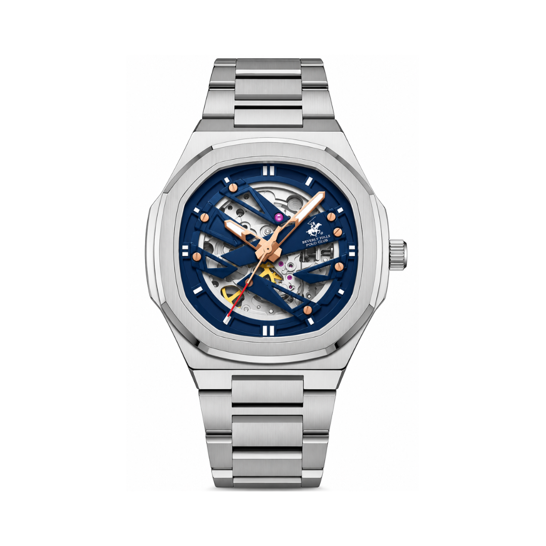 Beverly Hills Polo Club Men's Dark Blue Skeleton Dial Silver Stainless Steel Automatic Watch BP3686X.390