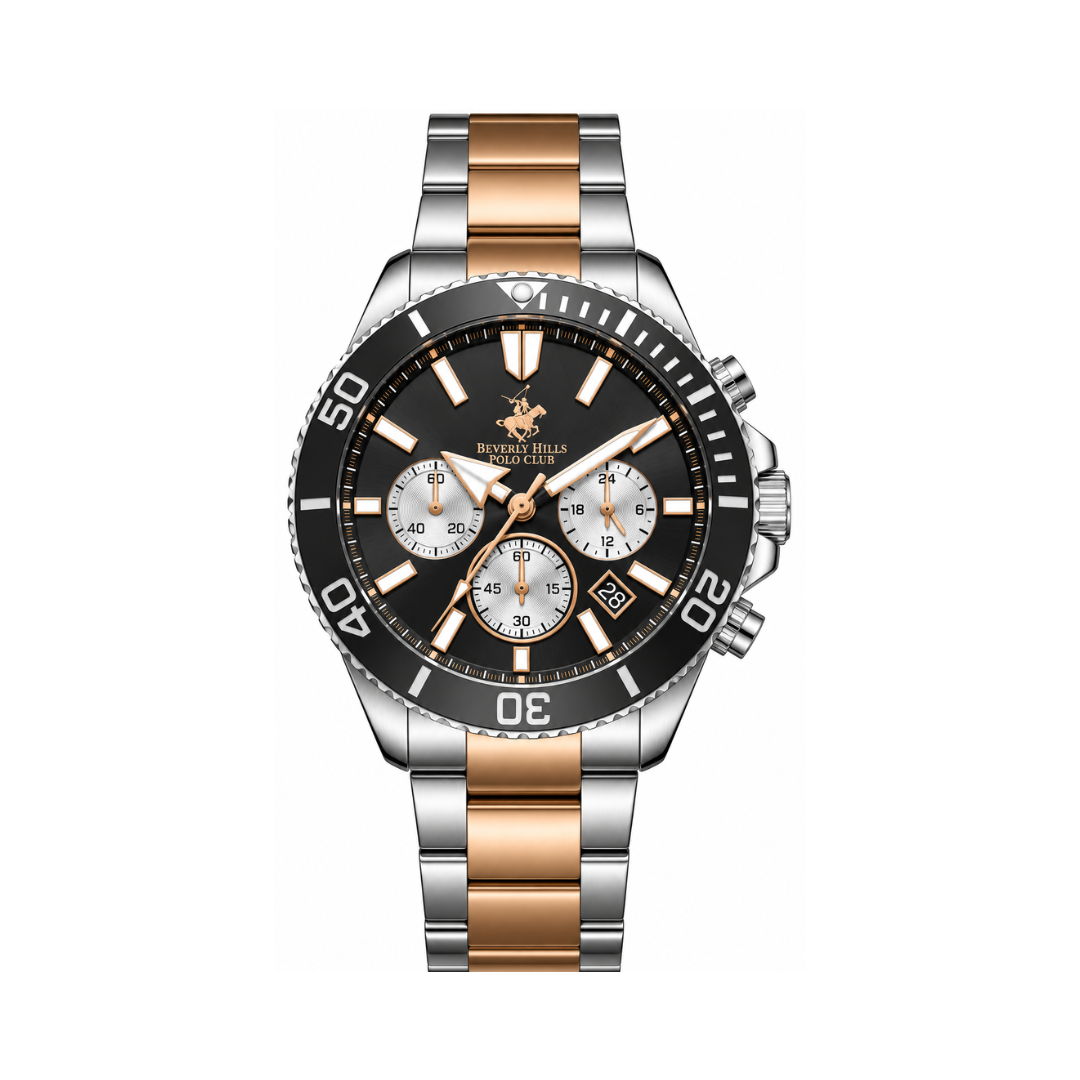 Beverly Hills Polo Club Men's Black Dial Silver & Rose Gold Stainless Steel Multifunction Chronograph Watch BP3721X.560