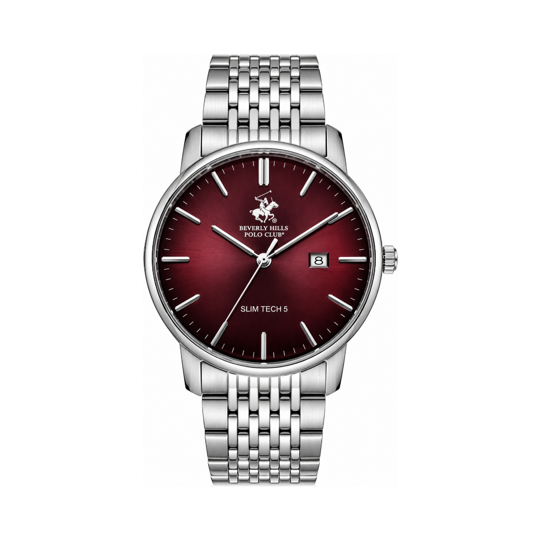 Beverly Hills Polo Club Men's Red Dial Silver Stainless Steel Quartz Date Watch BP3895X.380