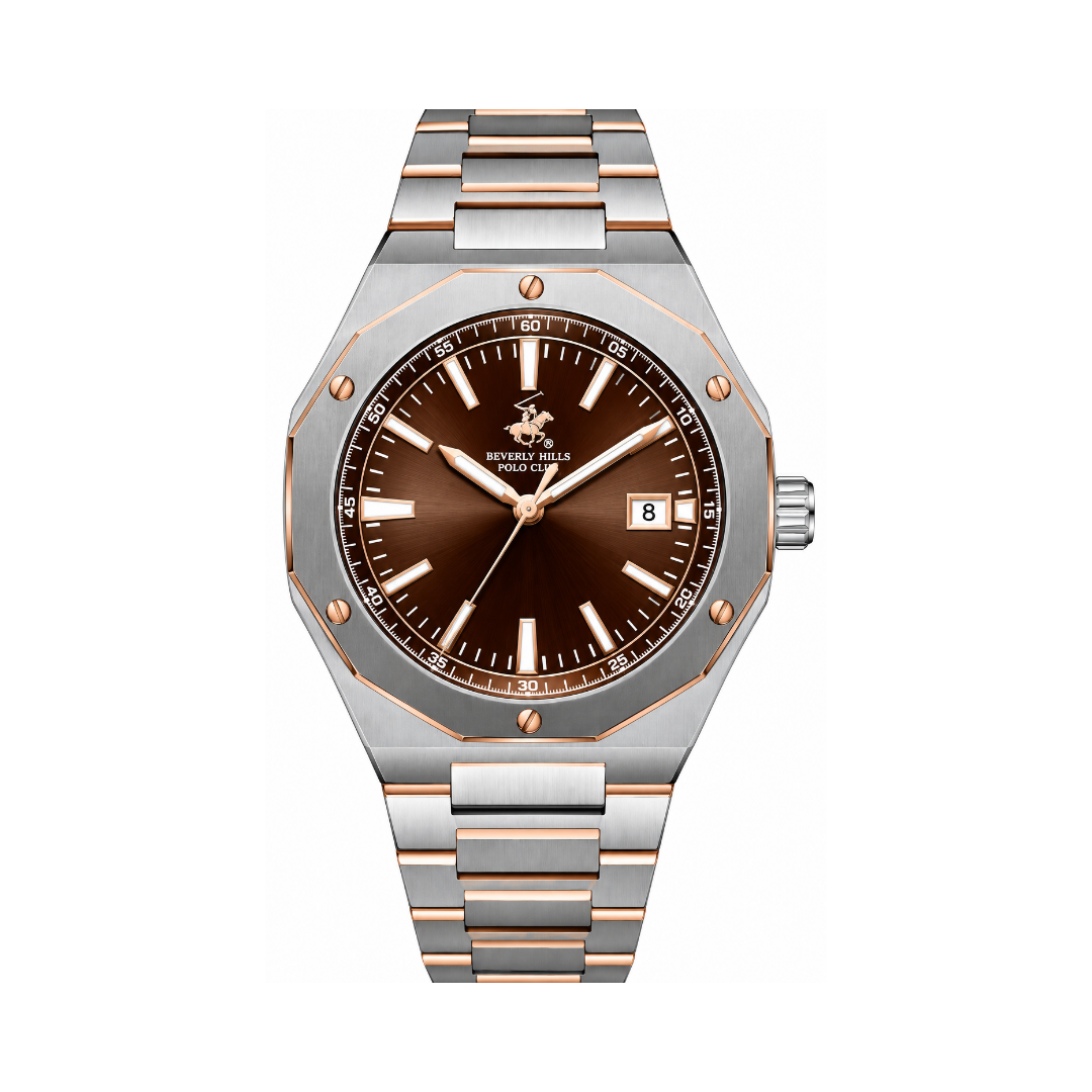 Beverly Hills Polo Club Men's Brown Dial Rose Gold Stainless Steel Quartz Date Watch BP3788X.540