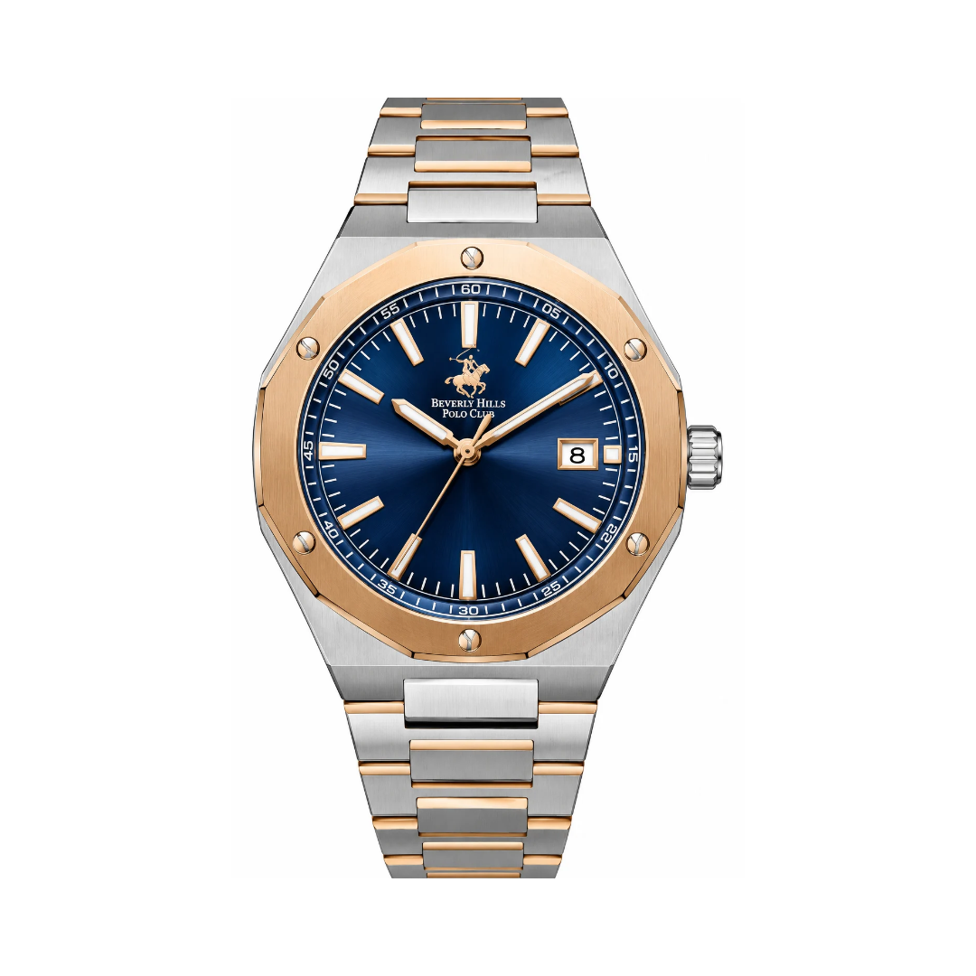 Beverly Hills Polo Club Men's Blue Dial Rose Gold Stainless Steel Quartz Date Watch BP3788X.590