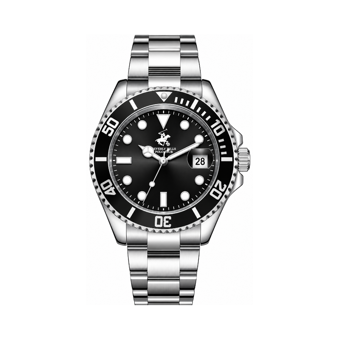 Beverly Hills Polo Club Men's Black Dial Silver Stainless Steel Quartz Date Watch BP3797X.350