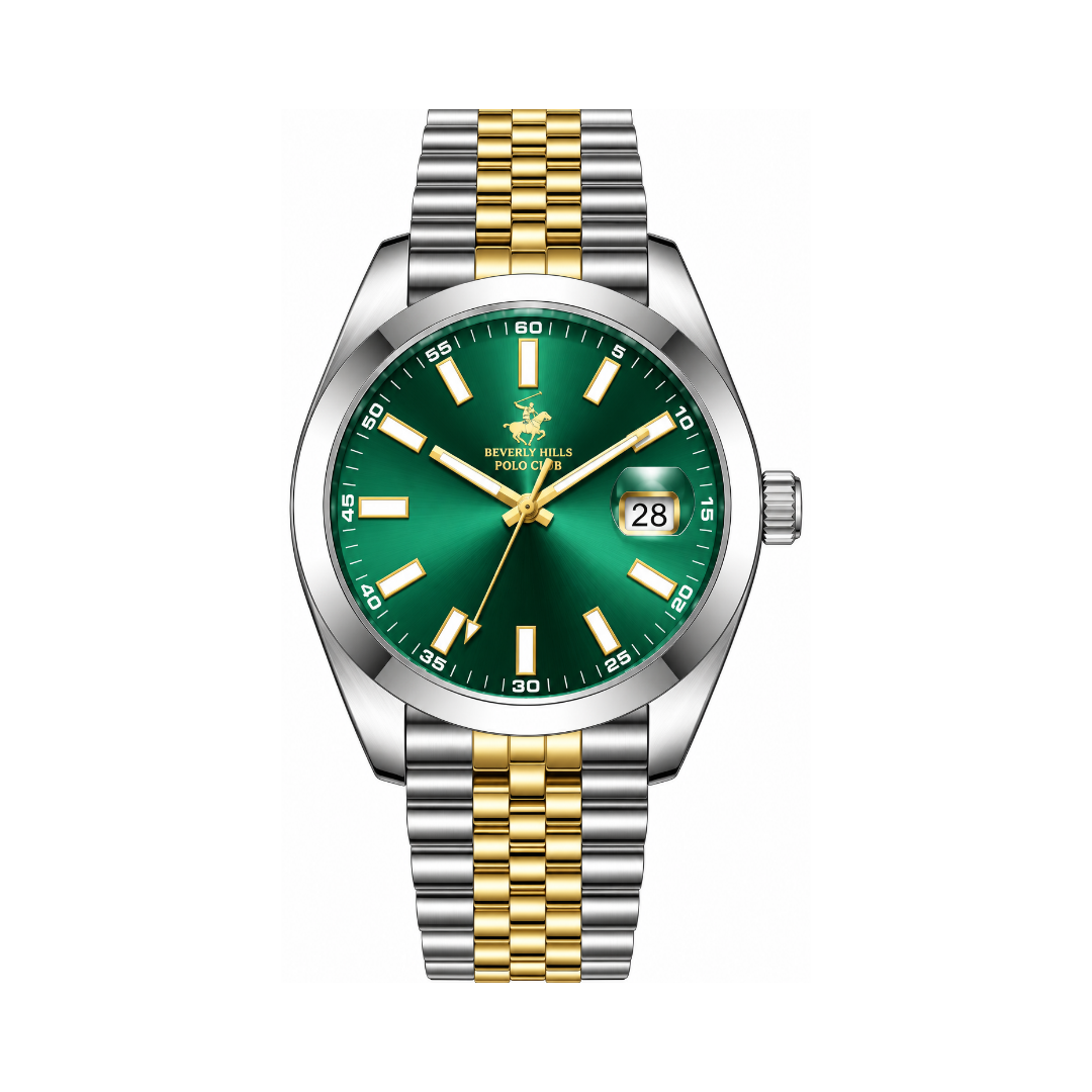 Beverly Hills Polo Club Men's Green Dial Two-Tone Stainless Steel Quartz Date Watch BP3810X.570